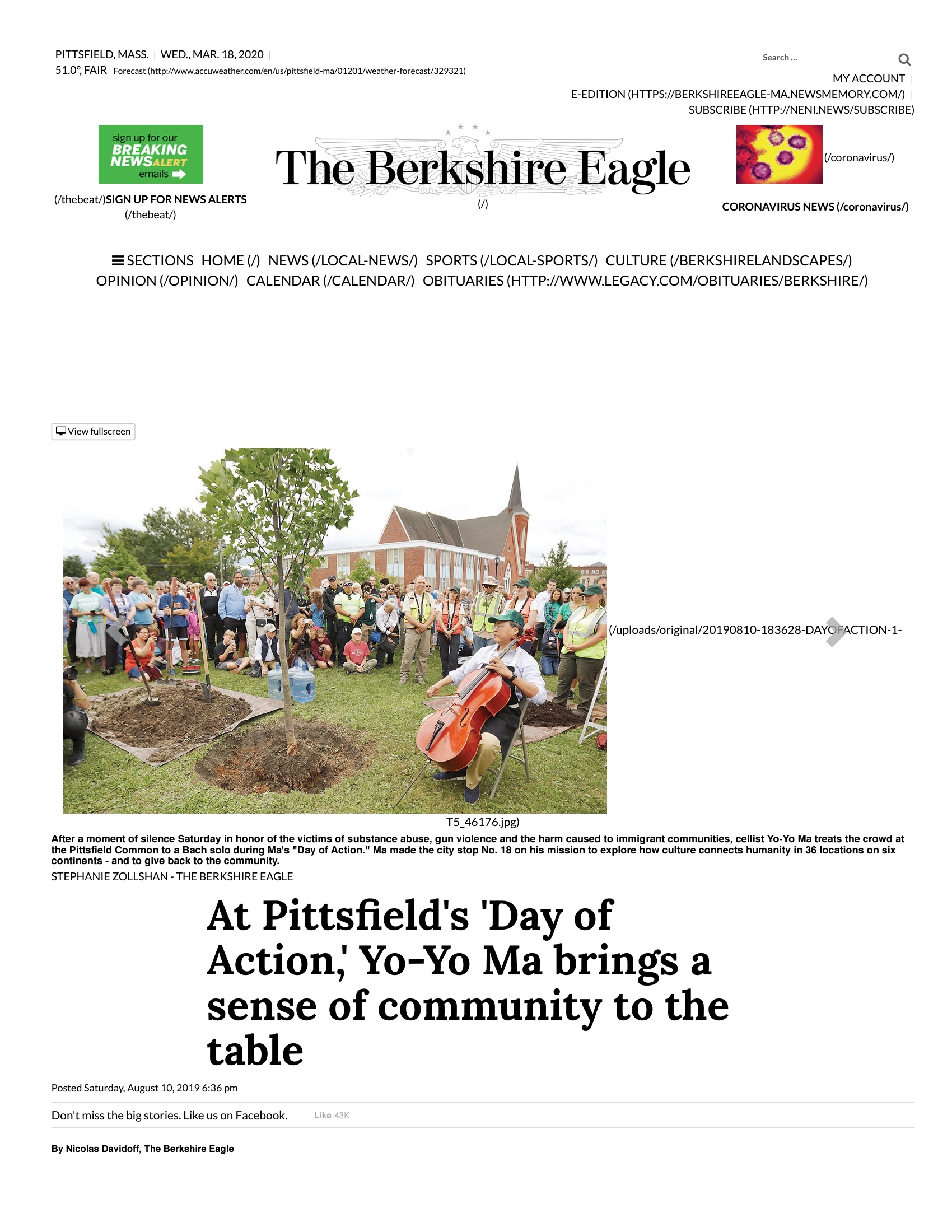 The Berkshire Eagle page for Nicolas Davidoff’s report on Yo-Yo Ma’s Day of Action in Pittsfield